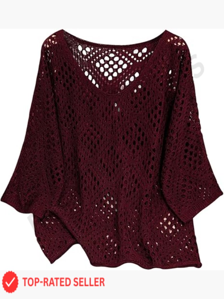 Crochet Cover Up V-Neck 3/4 Sleeve Pullover Sweater Boho Beach Outfit